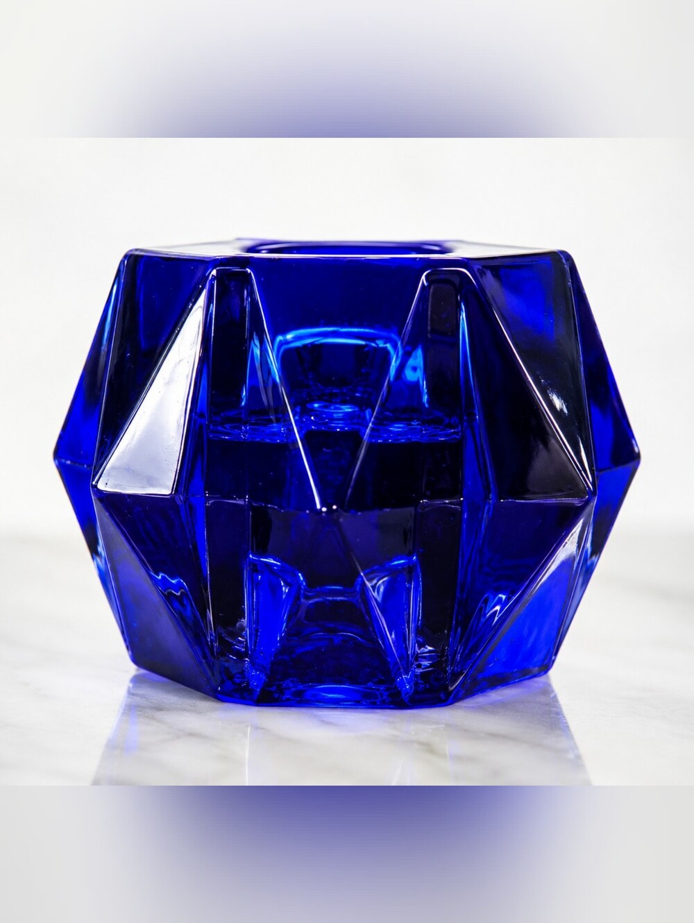 Vintage Cobalt Blue Faceted Glass Votive Candle Holders Set of 2